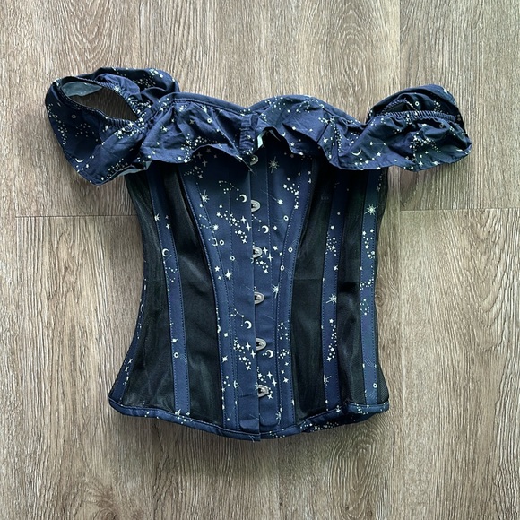 Corset Story Tops - Corset Story Astronomy Cotton Print Overbust Mesh Panel Corset